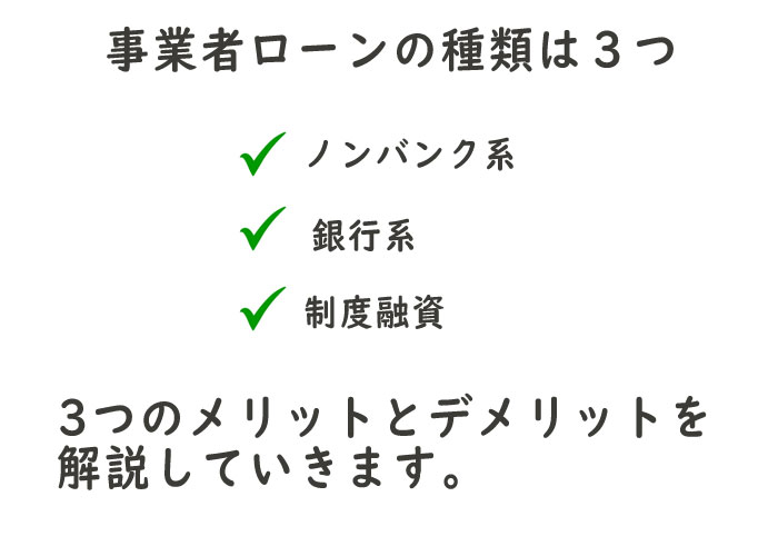 事業者ローンには、大きく分けて「ノンバンク系」「銀行系」が存在し、制度融資も含めると3種類あります。